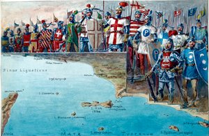 Map of the Battleground of the Battle of Meloria in 1284, with the Uniforms and Military Costumes of the Genoese Troops Participating in It